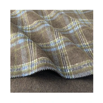 Double sided woolen plaid blend fabric for coat 30 count wool 950g two color different color wheat wool coffee green and blue