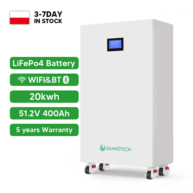 Grandtech Сончева батерија 15kwh 20kwh Power Wall со монтажа 48V 400ah 6500 циклуси Литиум-јонска батерија за монтажа на ѕид за сончева енергија