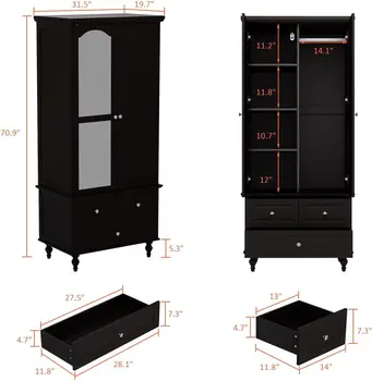 Modern two-door closet Closet with mirror, closet closet closet closet with 3 drawers and hanging rods, wooden legs, espresso