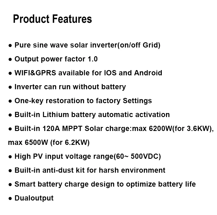 3.6kw 6.2kw 24v 48v Solar Hybrid Inverter Pure Sine Wave Off Grid
