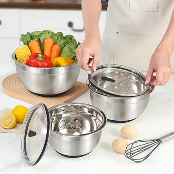 Customized Stainless Steel Mixing Bowl Set with Transparent Lids Eco-Friendly Multi-Function Salad Baking Metal Mixing Bowls