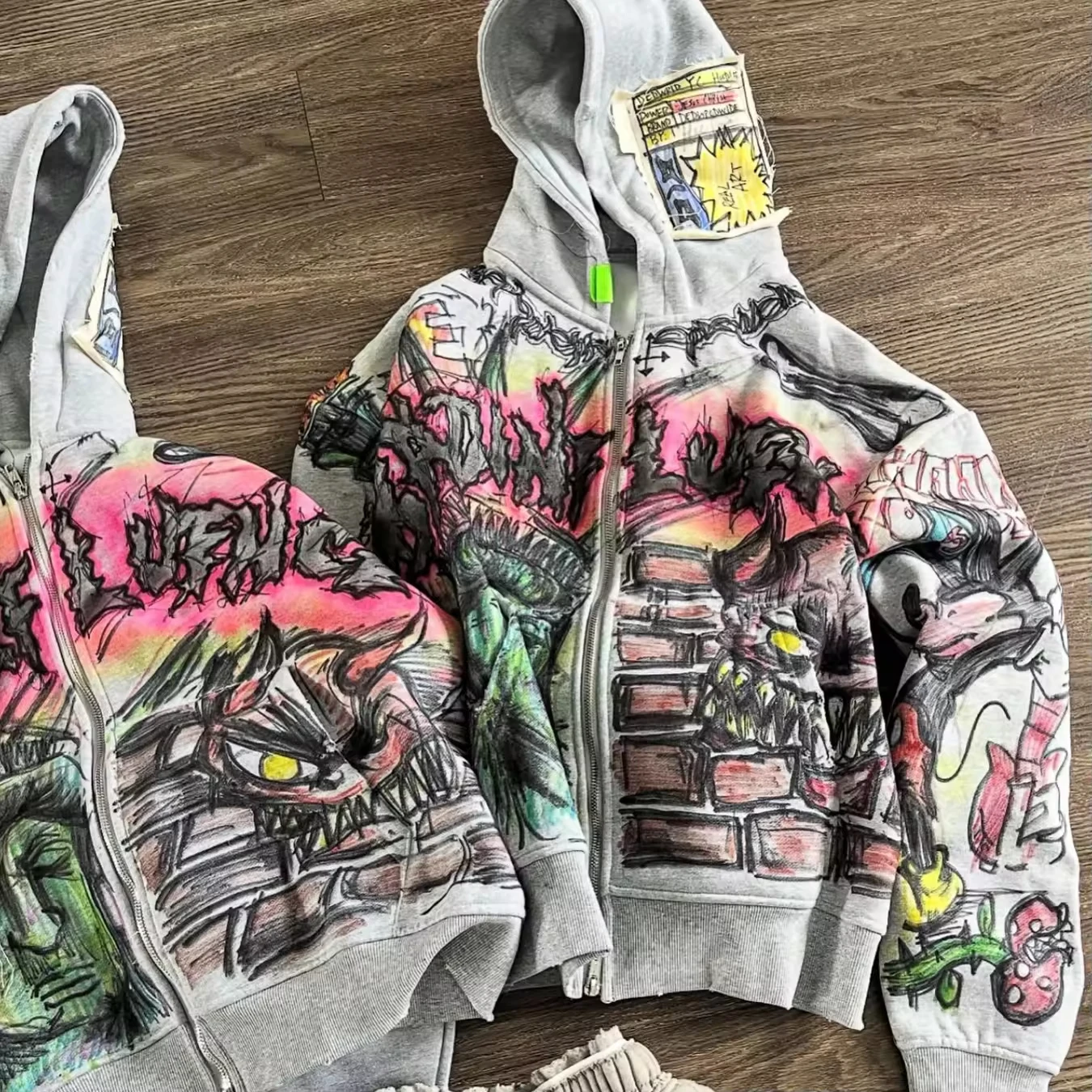 Custom-Made Acid-Washed Imprinted Zipper Hoodies Streetwear Clothing Vintage Stone Graphic Applique Embroidery gallery 3