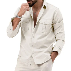 Men's Double-Pocket Casual Long-Sleeved Twill Shirt New European American Style Quick Dry Anti-Wrinkle for Autumn Formal Wear