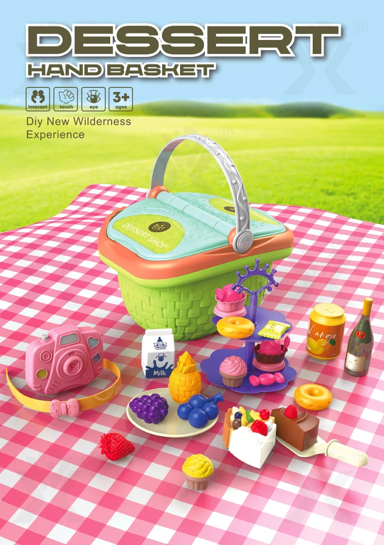 Chengji kid's picnic set toy pretend play game ice cream party food fruit dessert cake toy picnic basket toy set for kids
