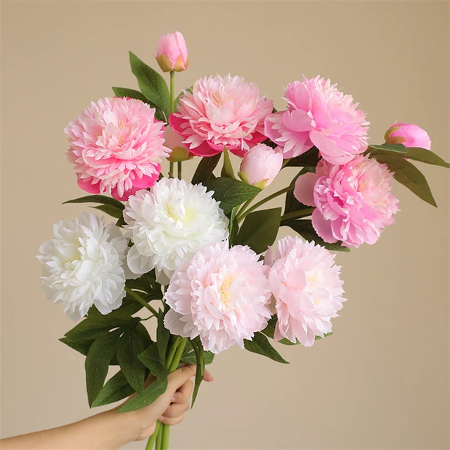 New Arrival Peony 3 Heads Artificial Silk Peony Flower White Pink Bulk Peony Decoration Flower for Wedding Room Showcase Decor