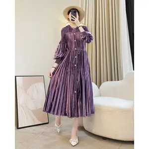 Elegant Pleated Long Dress for Women Button Down Maxi Dress with Long Sleeves Autumn Winter Fashion