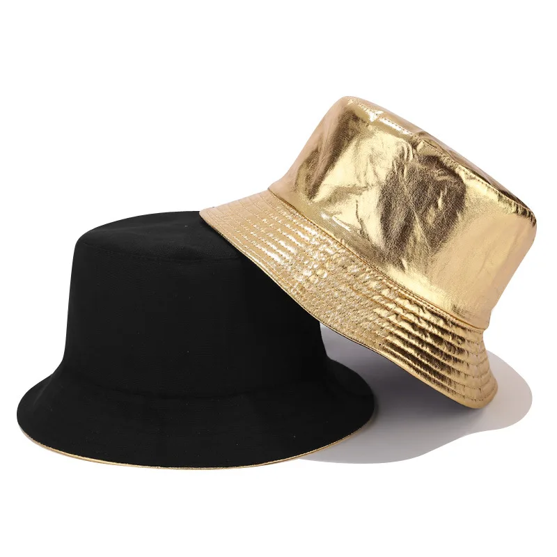 Gold and sliver paint double side checkered bucket good quality cute outdoor cap sunshade fashion bucket hats