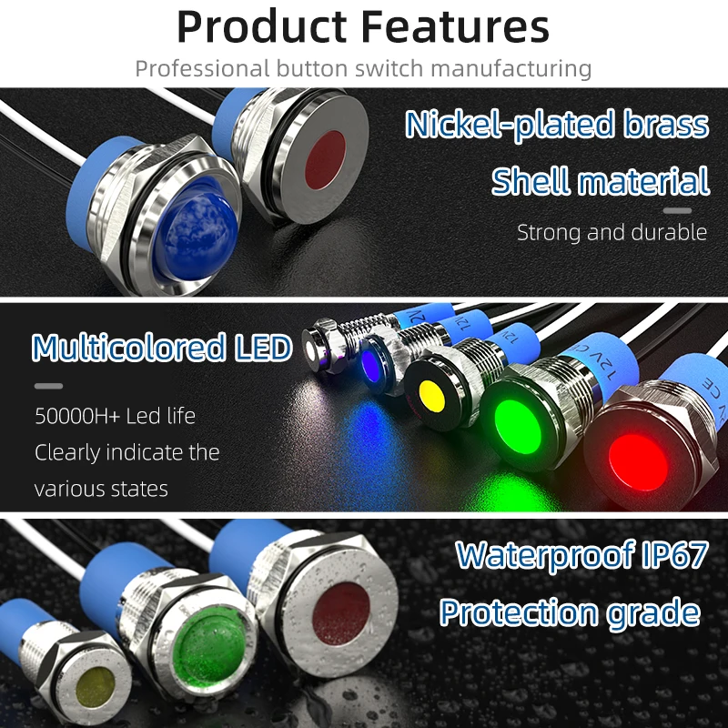 220V IP67 Panel Control LED Indicator Light 15cm Wire Red Green 6mm 10mm 12mm 16mm 22mm 25mm Pilots Metal 8mm Mounting Hole