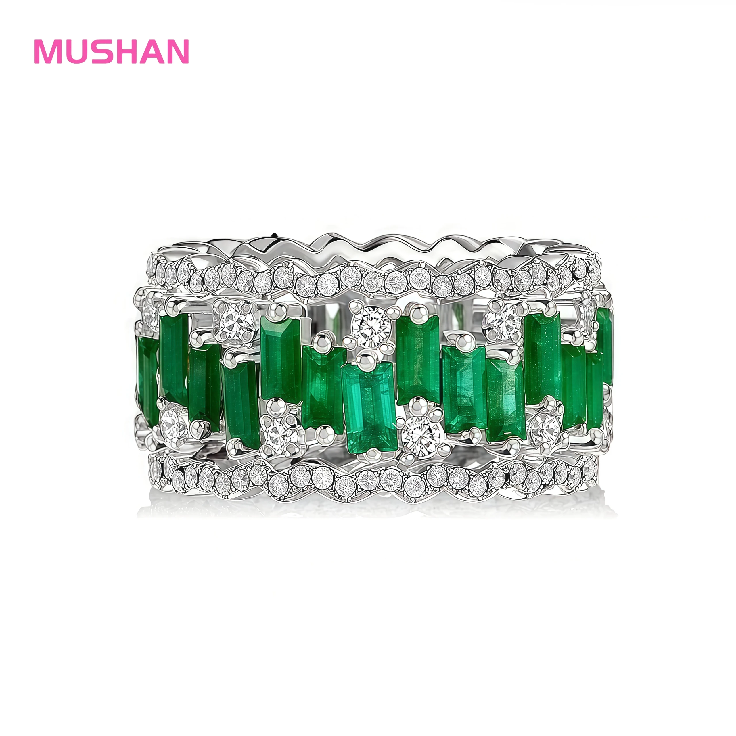 MUSHAN Jewelry Factory Fine Ring 925 Sterling Silver High Carbon Diamond and Emerald Luxury Jewelry Ring for Women Anniversary