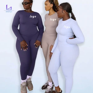 Huili Activewear Manufacturer Oem High Quality Two Piece Stretch Workout Gym Custom logo Solid Color Loungewear Set for Women