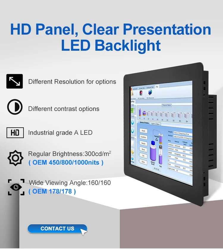 10 Inch Industrial VGA DVI Resistive square Touch Screen Metal Case TFT Display Embedded OEM ODM Industrial LCD Monitor