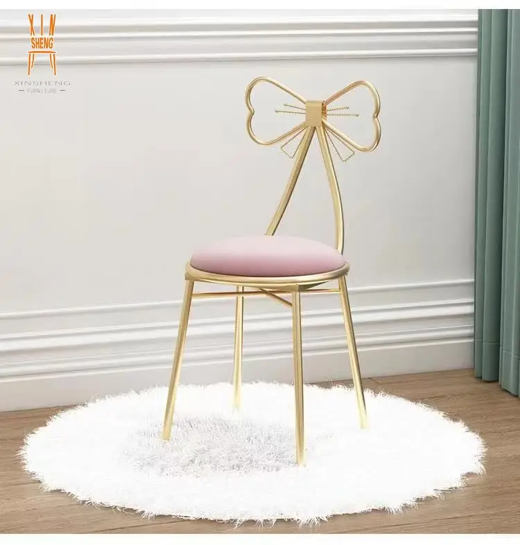 Party Pink Velvet Gold Metal Bow Shape Back Kid Chairs