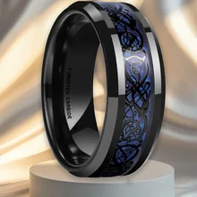 Factory Sale 8mm Men Tungsten Steel Ring Tungsten Carbide Blue Carbon Fiber Inlay Black Celtic Dragon Inlay Beveled Edge Band