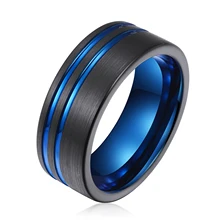 Ready to Ship Tungsten Jewelry Blue Black Two Line Brushed Tungsten Carbide Rings 8mm Men Rings Gift