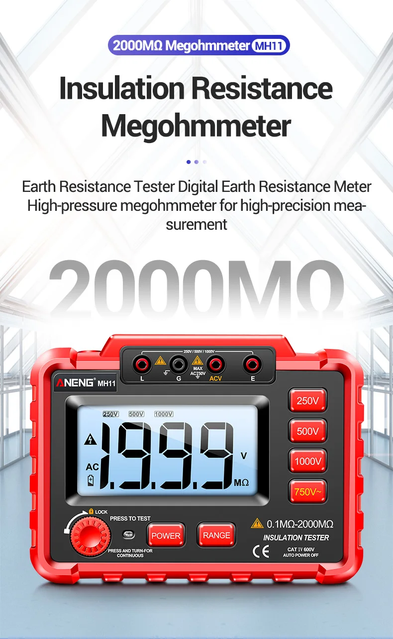 ANENG MH11 Insulation Earth Resistance Tester Digital Ground Resistance Meter Ohm Voltage Tester Megohmmeter 1999 Count