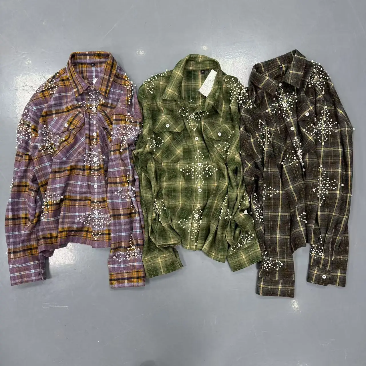 Custom Streetwear Rhinestone Plaid Designer Flannel Shirts Button up Sport Boxy Graphic Plain Polo Shirt for Men gallery 8