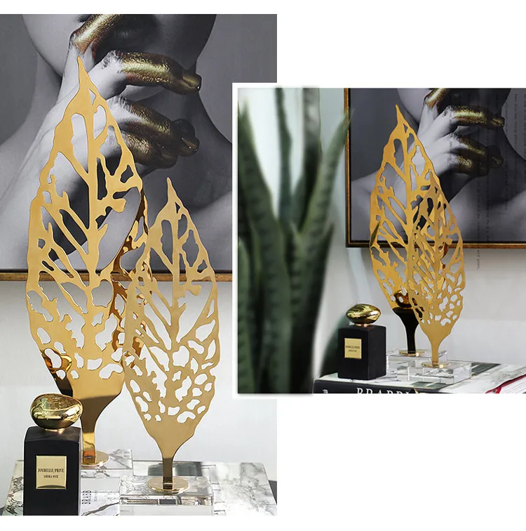 Modern Home Tabletop Leaf Statue Decor Feuille En Metal Deco Living Room Decoration Luxury Gold Metal Palm Leaf Shape Sculpture
