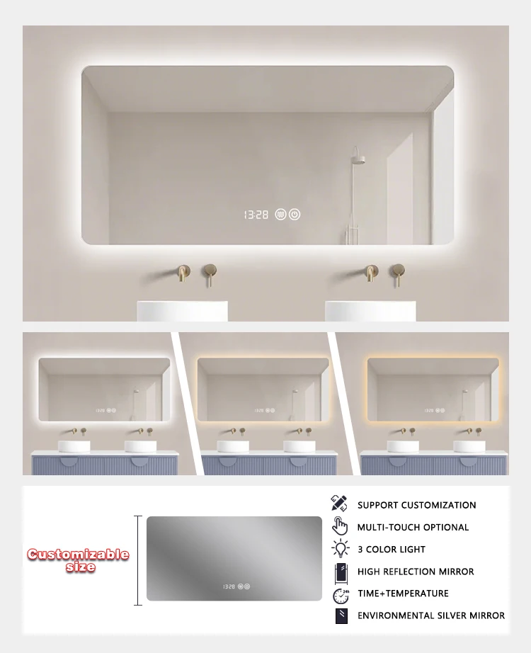product modern luxury furniture smart led bathroom mirror anti fog frontlit illuminated wall mirrors with digital clock-5
