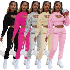 Trending Products Custom Logo 3 Piece Sweatpants and Hoodie Set Women Slim Fit Crop Top Jogger Suits Plain Tracksuit for Women