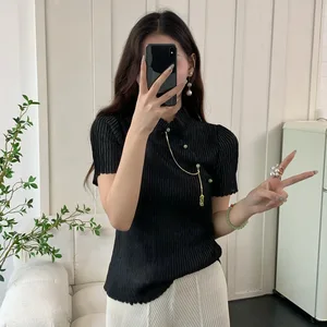 Miyake High-Grade Pleated Chinese Disc Buckle Collar Slim Foreign Style Short Sleeve Women's T-Shirt Exuding Elegant Temperament