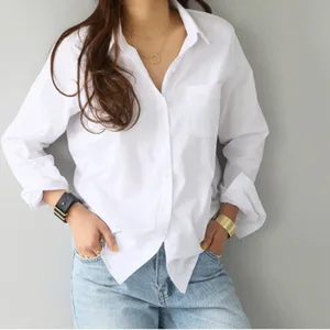 New Long Sleeve Shirt Solid Color White Office Lady Fashion Turndown Collar Womens Blouse