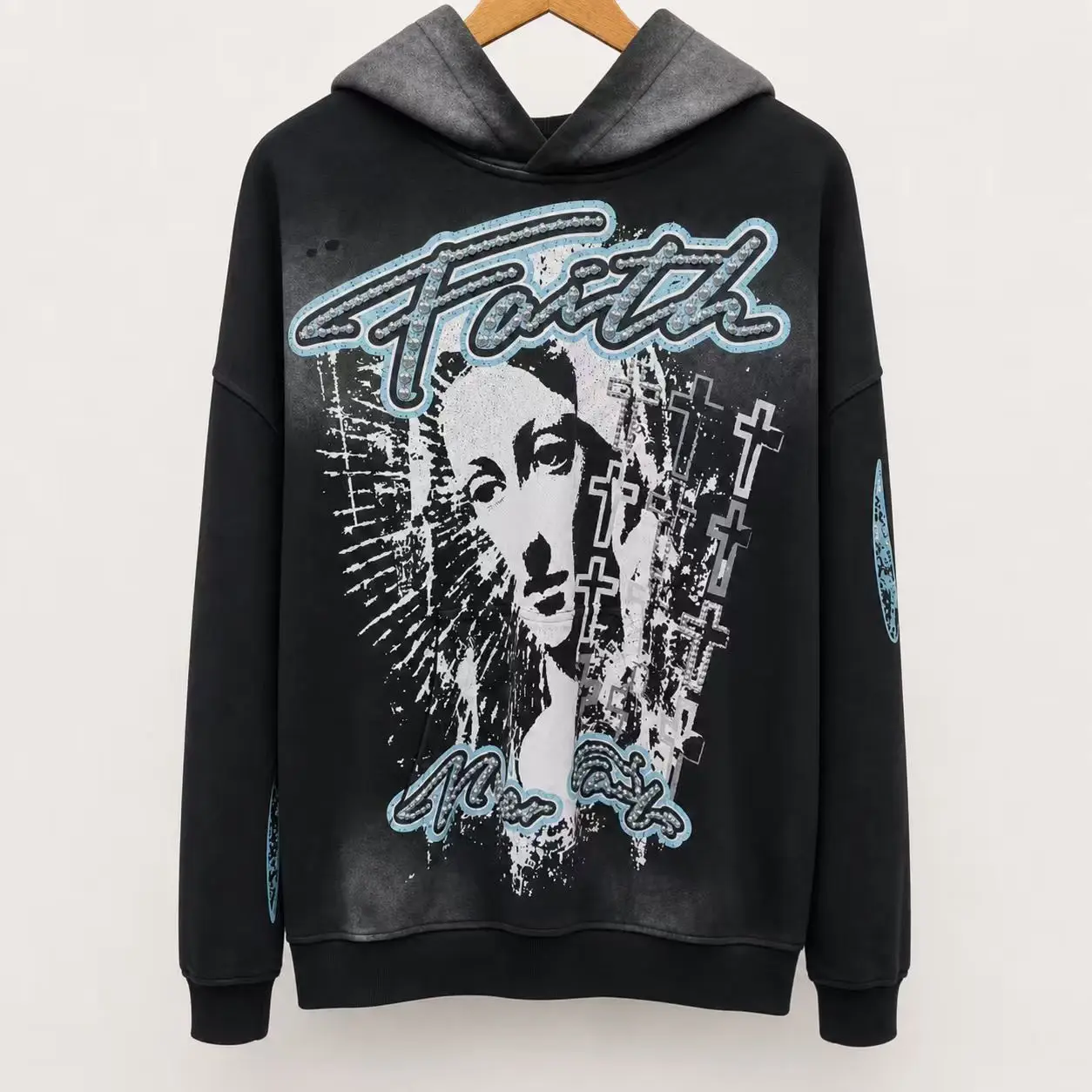Wholesale Custom Graphic Print Rhinestone Acid Wash Oversized Streetwear Pullover French Terry Sweatshirt Casual Men Hoodie