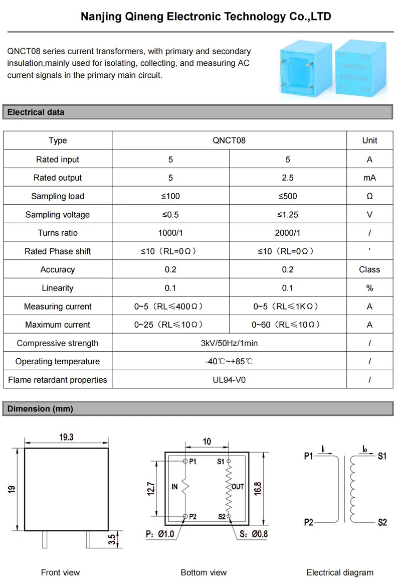 Pcb Mount Current Transformer CT QNCT02 10A/10mA 50A 25mA 10A/5mA 20A/20mA Small Current Transducer AC Precision Current Sensor