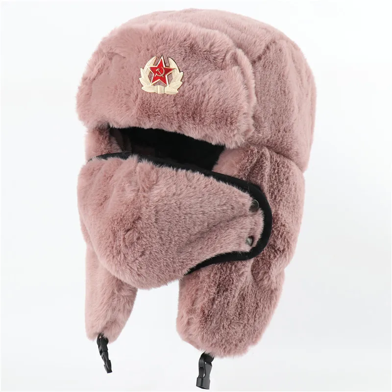 Russian Soviet Hats Artificial Rabbit Fur Ushanka Winter Cold Weather Hat for Men with Soviet Red Star