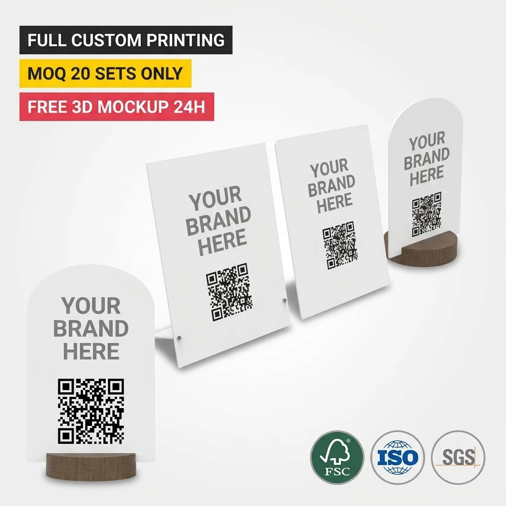 Custom Acrylic QR Code Sign Wood Base Social Media Follow Instagram Google Review Stand for Restaurant NFC Menu Payment Display