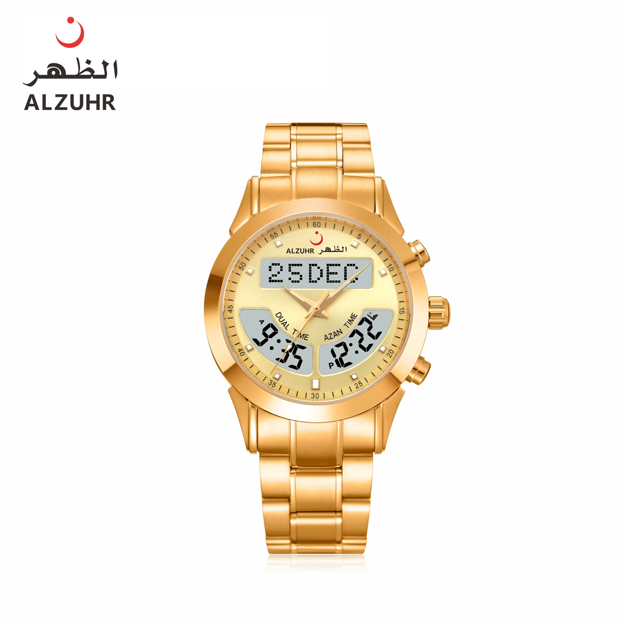 Al Fajr Deluxe Men Watch Displays Dual Time and with Hijri Calendar Azan  Original Price Stainless Steel Watch ALZUHR602