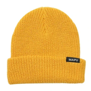 Custom logo cheap yellow beanie woven label unisex warm knit hat