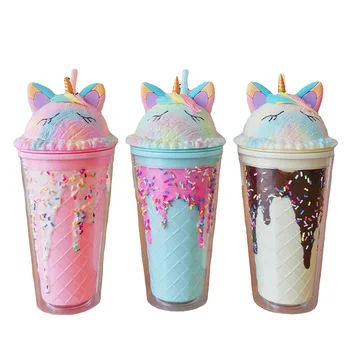 Summer Fashion Ice Cream Tumbler 430ml Capacity Plastic Straw Glass Cup with High-Looking Lid Boiling Water Applicable for Girls