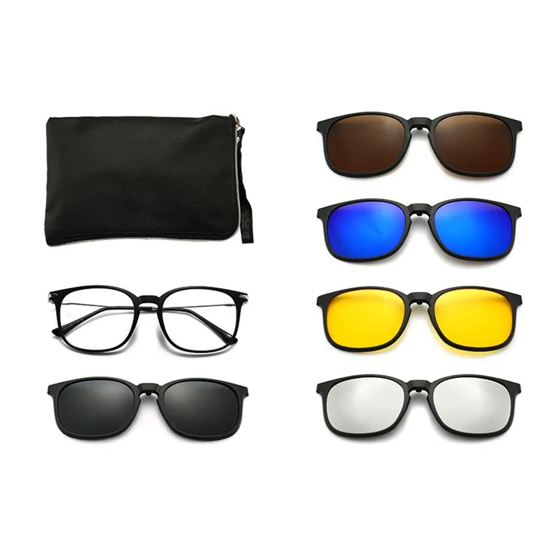 5 in 1 Sunglasses Magnetic Clip on Glasses TR90 Optical Prescription Eyeglass Frames with Clips Polarized Sunglasses Men