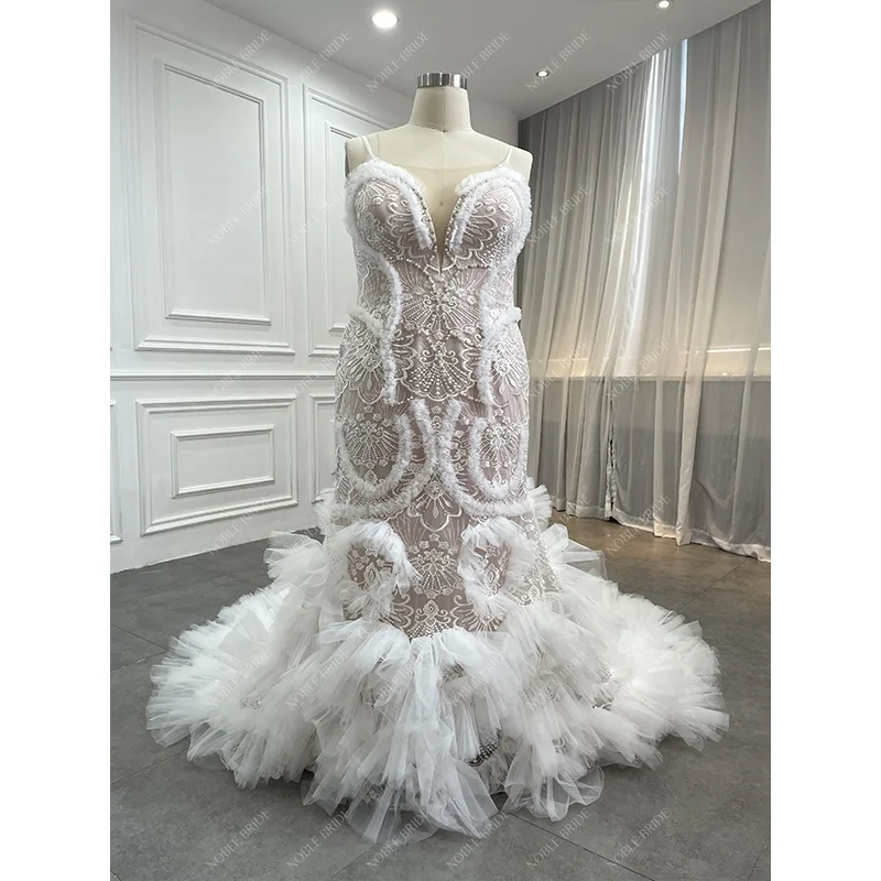 Manufacturer African Luxury Crystals Pearl Wedding Dresses Blush Pink Bride  Plus Size Romantic Ruffled Mermaid Gown Elegant