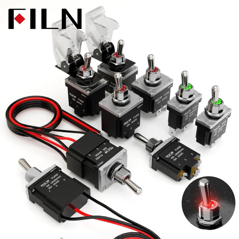 FILN 20A 12V/110V/220V Waterproof Metal Toggle Switch with Light 3 Way Toggle Switch Automotive Marine IP67 On-Off Function
