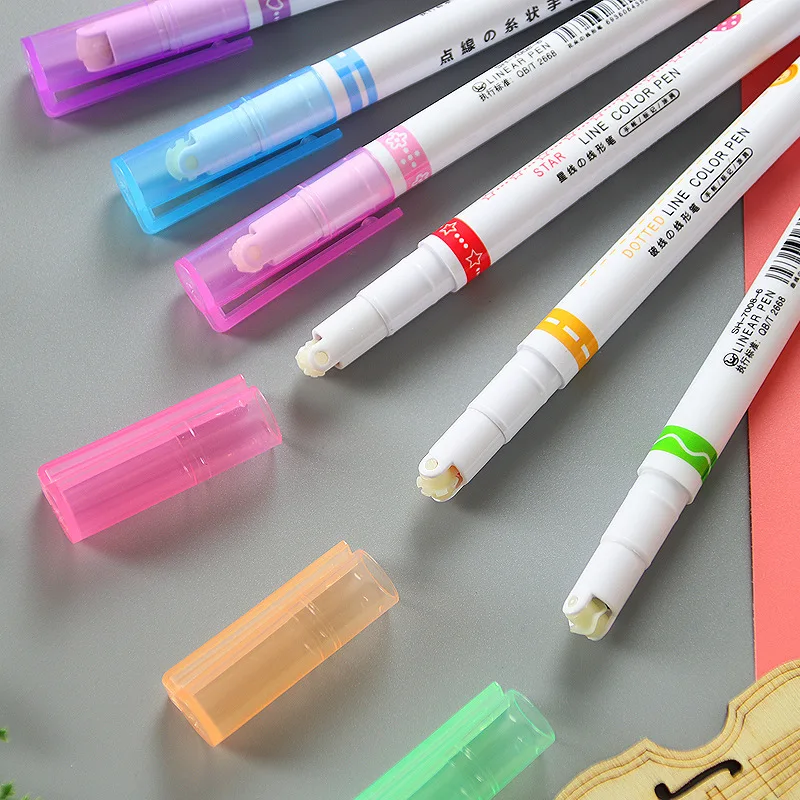 6 Color Curved Nib Pen Drawing Roller Marker Oblique School Use Set Permanent Stamp Roller Pen Marker Curve Line Painting Pen