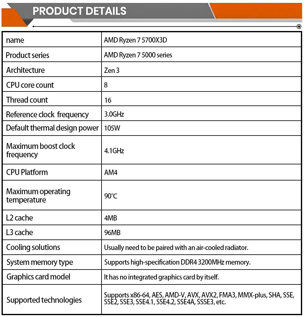 AM4 Socket CPU  AMD Ryzen 7 5700X3D CPU Eight Core Sixteen Threads 3.0GHz 96MB 7nanometers  CPU for Desktop 105W