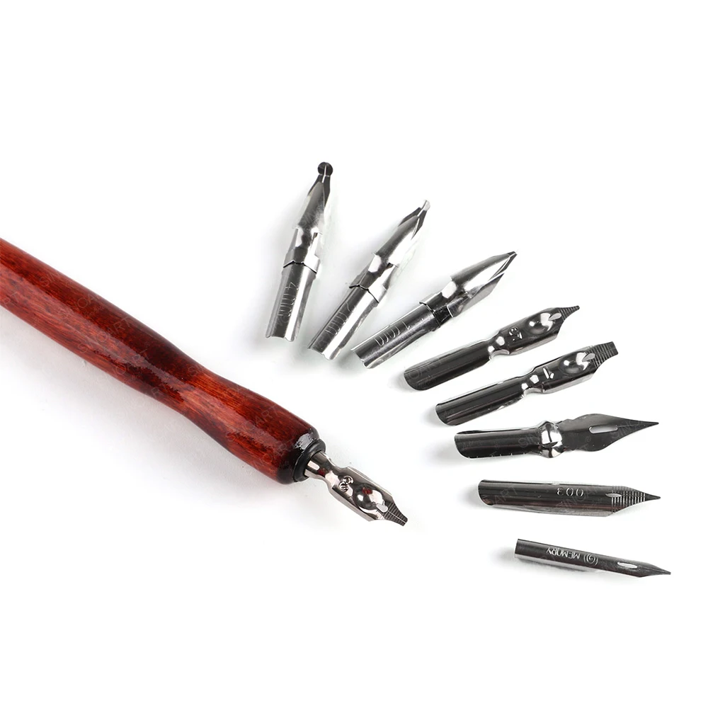SINOART Calligraphy Pen Set with Nibs 9 Different Stainless Steel Comic Pen Nib Wooden Stem Dip Nib Pens
