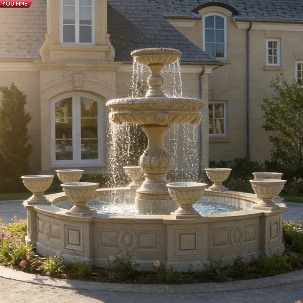 YOUFINE Hand Carved Natural Beige Limestone Marble Tiered Fountain with  Plant Urns for Outdoor Garden Villa Landscape Decor