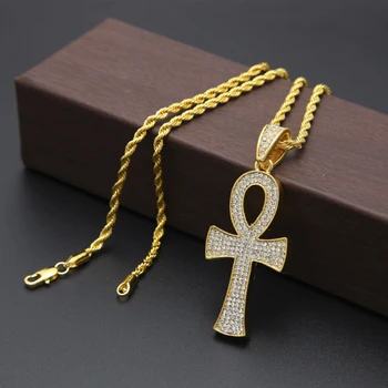 Factory Low Price Wholesale Egyptian AnkhKey Pendant Men Gold 18k Crystal CZ Cross Diamond Necklace Jewelry