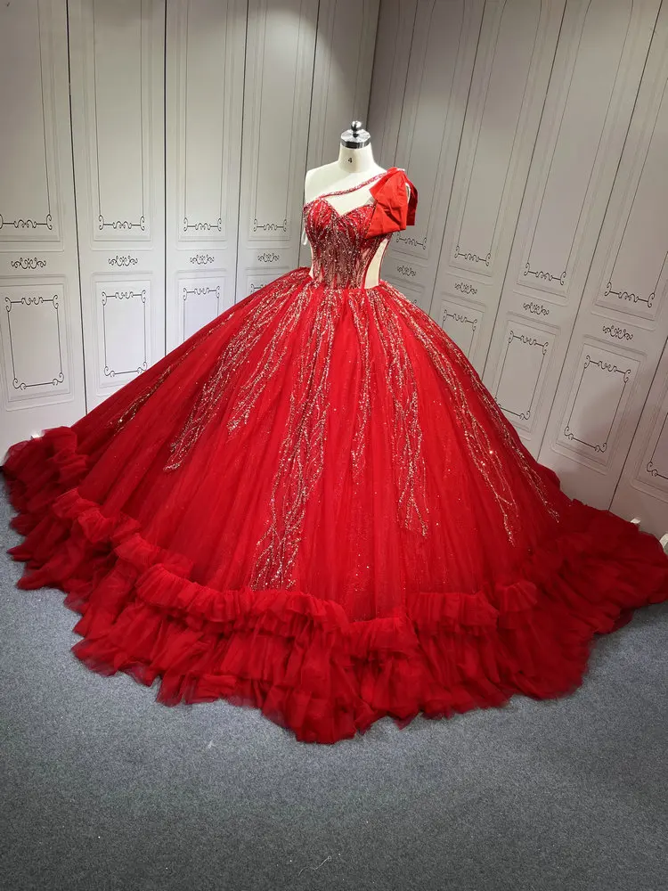 one shoulder quinceanera dresses Mumuleo One Shoulder Red Quinceanera Dress Sleeveless Sweet 15 Gowns  Ruffled Princess Dress With Bow And Ruffles