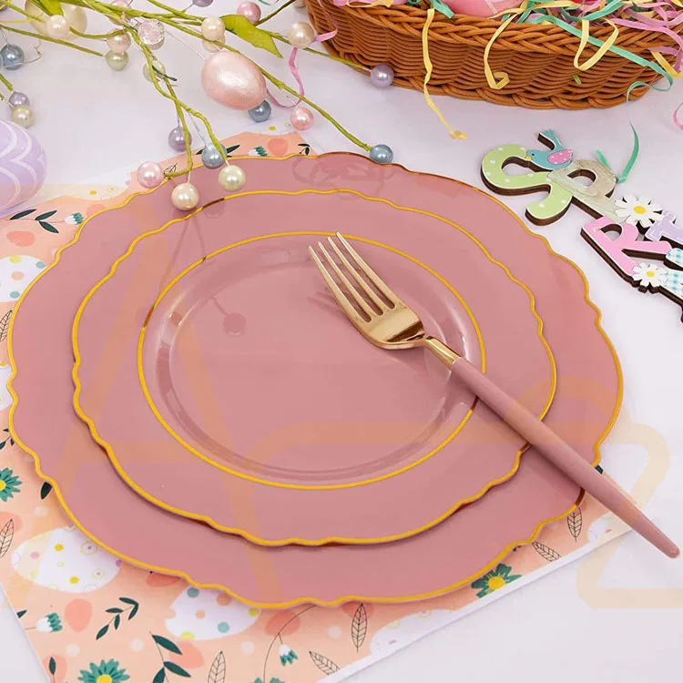 Hot Selling Bulk Sales Plastic Dinner Plates Set Cutlery Pink Gold Rim