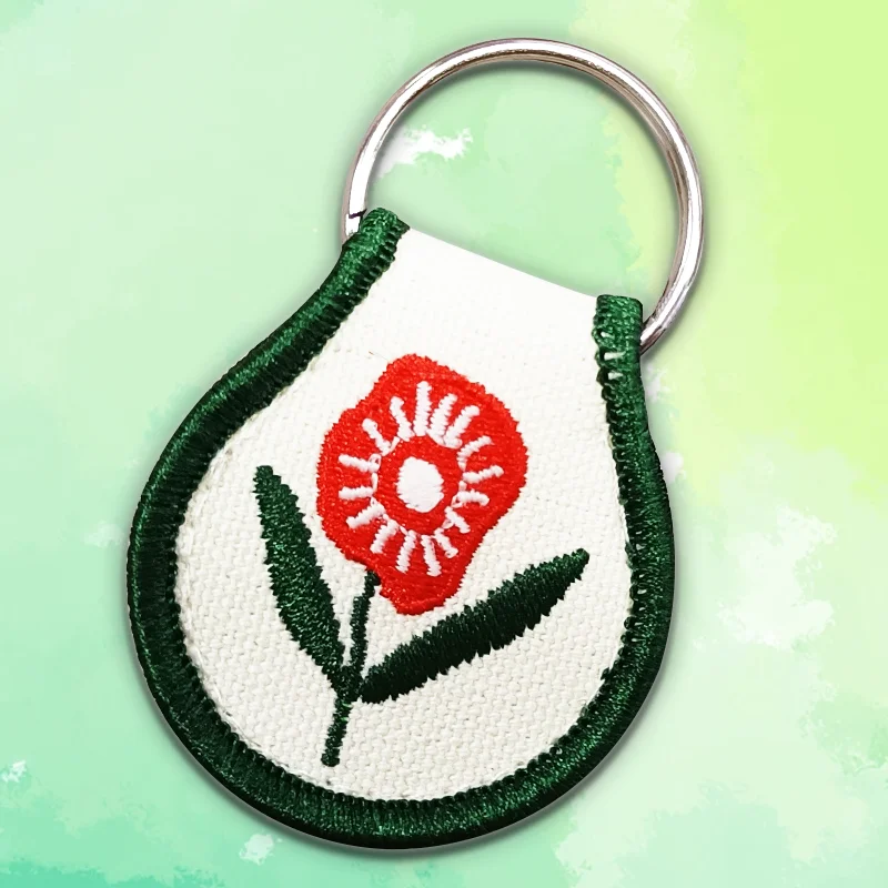 High Quality Custom Logo Embroidery Key Chain Fabric Key Ring Patch With Flower details