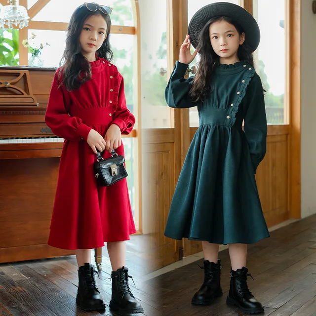Clothing Factory Wholesale Children Girls Dress 2024 Spring Autumn New Style Red Green Waist Long Sleeve Dress for Little Girls