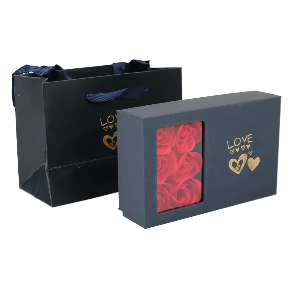 Valentine's Day Custom Jewelry Gift Box Set Gold Foil Embossing with UV Advantage Including Ring Paper Bag and Soap Rose