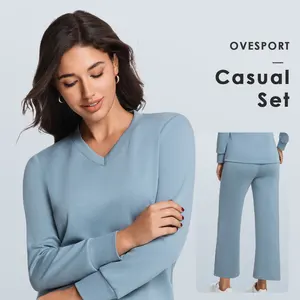 V Neck Tracksuits Casual Sports Suit Long Sleeve T-shirt Outdoor Running Workout Soft Yoga Pants