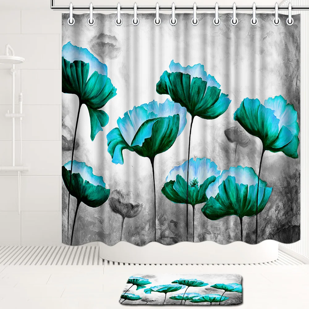 Teal Poppy Flower Shower Curtain Abstract Floral Bath Curtain Set Black And White Background Washroom Decoration Buy Shower Curtain Set