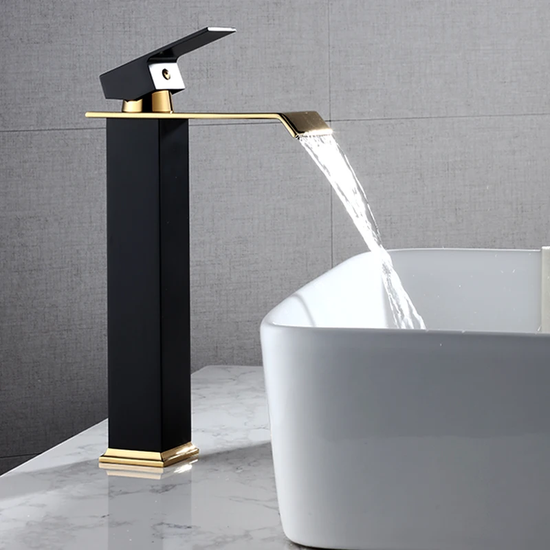 High Quality Black Gold Color Waterfall Bathroom Basin Faucets Water Tap