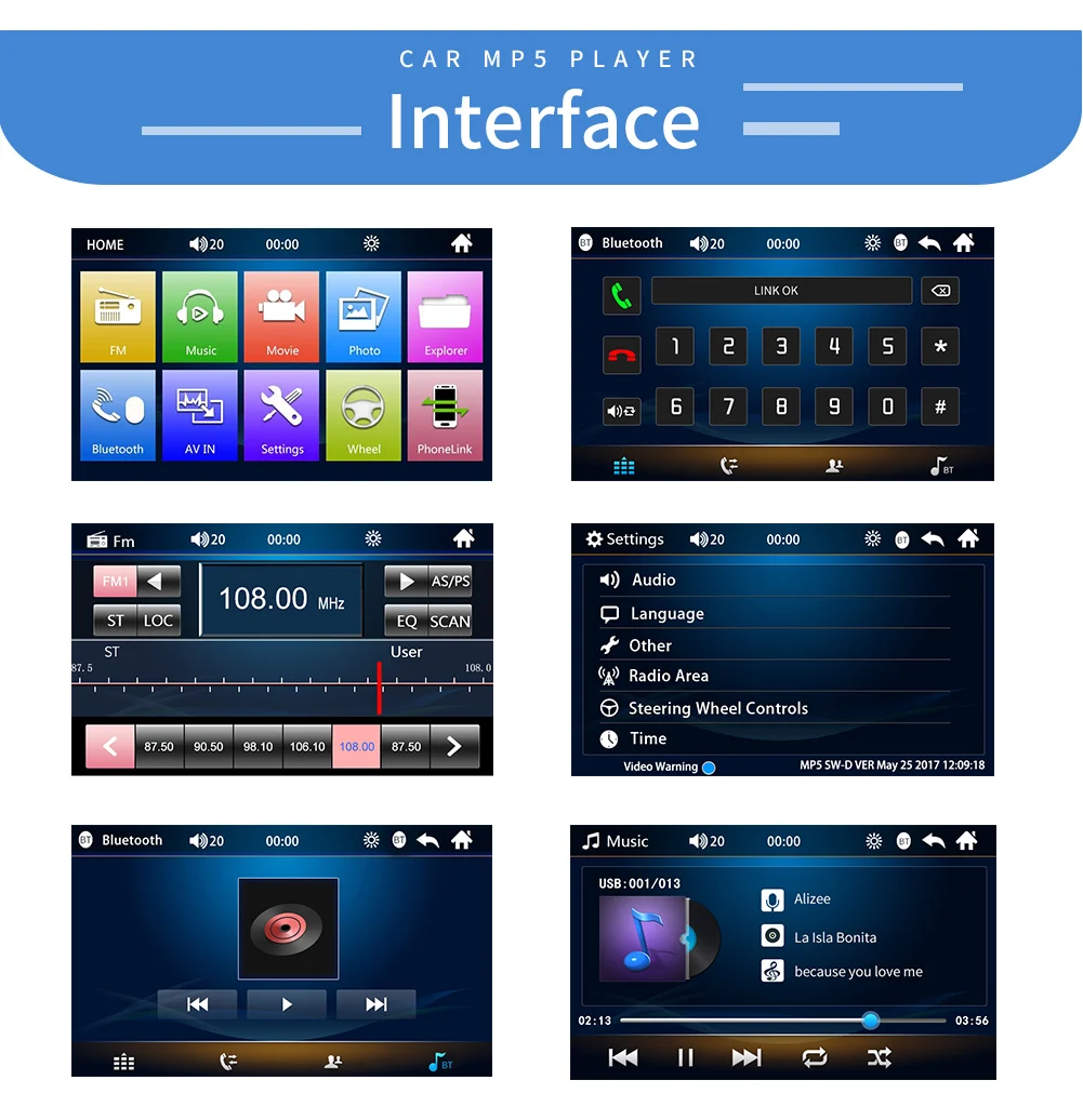 Double din car stereo mp5 player for Corolla with BT AUX car radio video player 7 inch autoradio audio mp5 player