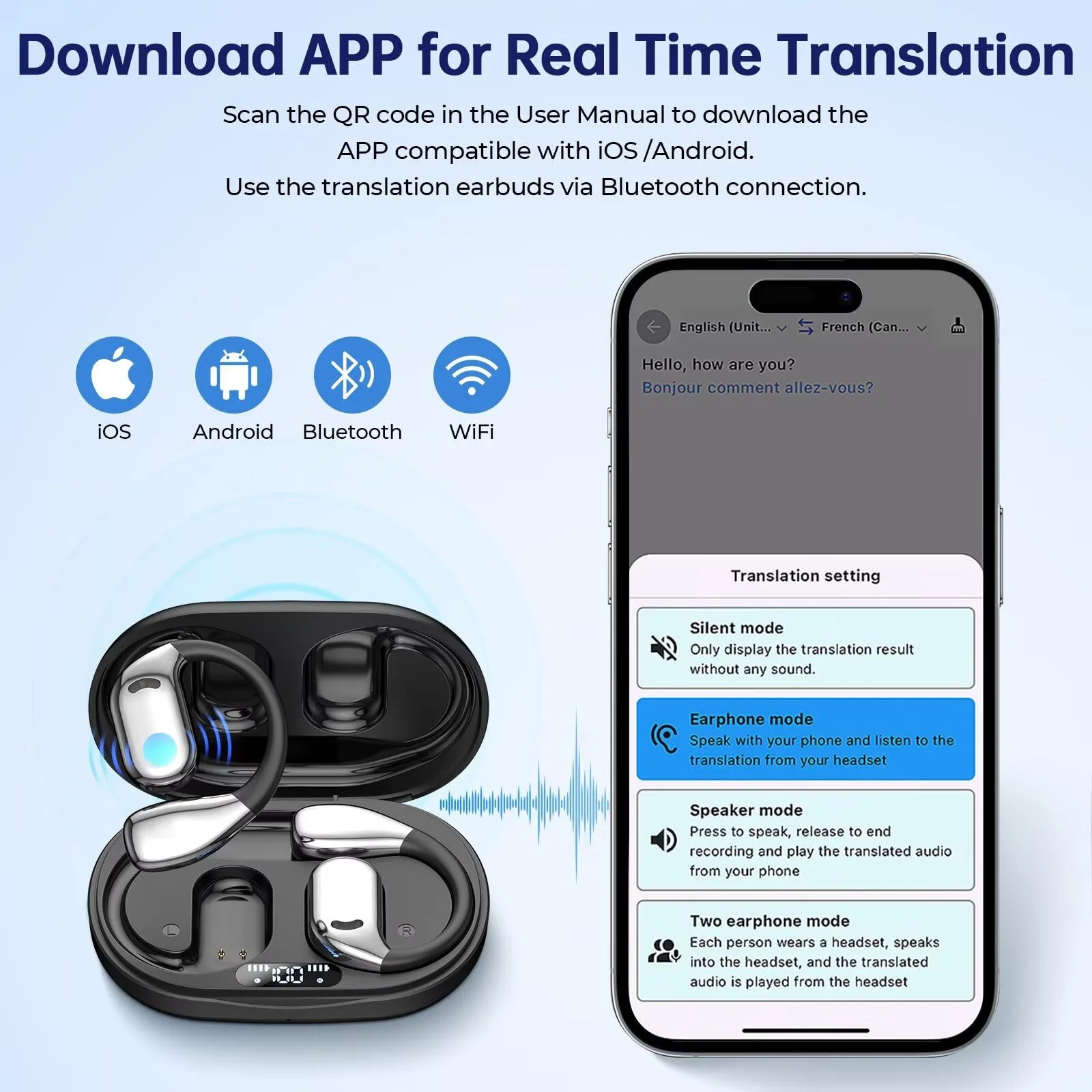 Real Time 144 Language AI Smart Translator Earbuds IOS Android App Compatible for Bluetooth Headphones Voice Translation Feature